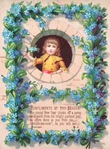 Garçon et guirlande de myosotis, Carte de Noël