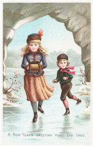 Garçon et fille patinant, carte de Nouvel An