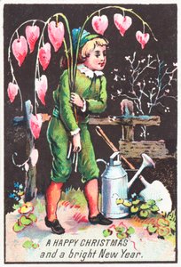 Garçon portant des fleurs de cœur saignant, carte de Noël - English School