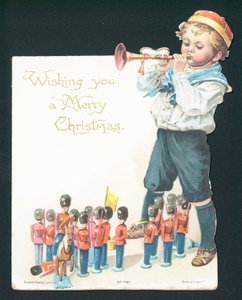 Garçon jouant avec des soldats de plomb et soufflant dans une trompette, carte de Noël - English School