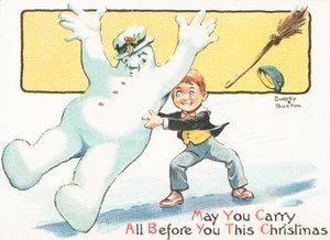 Garçon poussant un bonhomme de neige sur la glace, carte de Noël