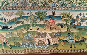 Tapis de table de Bradford, détail de scènes de la vie rurale, fin du 16e siècle