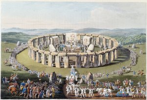Fête bretonne sur un champ mégalithique (avec dolmens et menhirs) - dans « Celtes et Goths, coutumes des habitants des îles britanniques du début du VIe siècle et des nations gothiques de la côte ouest de la Baltique », par S.R. Meyrick et Ch. Smith