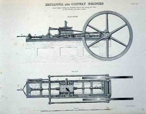 Ponts de Britannia et Conway : Machine à vapeur actionnant les presses hydrauliques pour lever les tubes, par Messieurs Easton et Amos de Londres - English School
