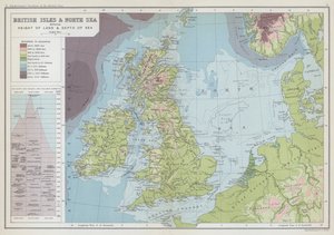 Îles britanniques et mer du Nord montrant la hauteur des terres et la profondeur de la mer