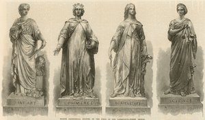 Statues allégoriques en bronze sur les piles du Farringdon Street Bridge (gravure) - English School