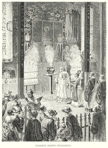 Prêtres bouddhistes officiant (gravure) - English School