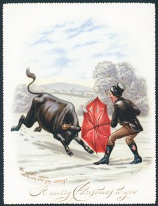 Taureau chargeant un parapluie rouge, Carte de Noël