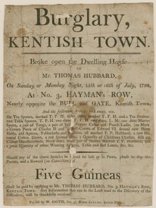 Cambriolage à Kentish Town en 1798. Récompense de 5 £ - English School