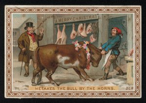 Boucher tirant un taureau dans sa boutique, carte de vœux de Noël
