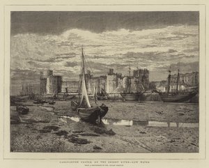 Château de Caernarvon, sur la rivière Seiont, marée basse (gravure) - English School