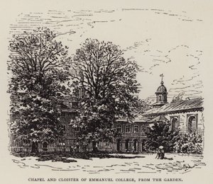Cambridge : Chapelle et cloître du Emmanuel College, depuis le jardin