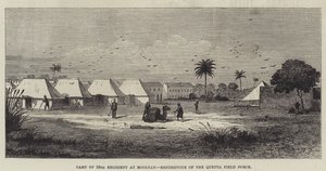 Camp du 59e régiment à Mooltan, rendez-vous de la force de campagne de Quetta (gravure) - English School
