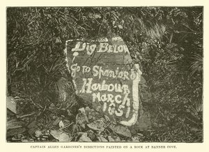 Instructions du capitaine Allen Gardiner peintes sur un rocher à Banner Cove - English School