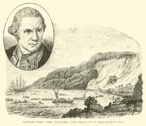 Capitaine Cook, le Discovery et le Resolute dans la baie de Kealakakua