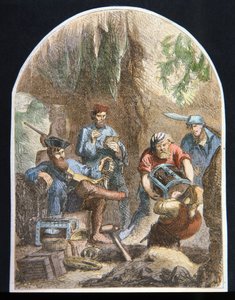 Le capitaine William Kidd cachant un trésor dans une caverne (lithographie en couleur)
