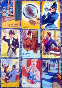 Cartes pour un jeu de cartes de meurtre mystère familial anglais I Commit, vers 1930