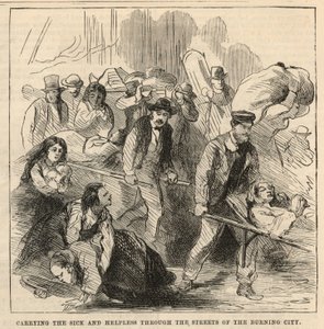 Transport des malades et des impuissants dans les rues de la ville en feu