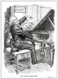 Caricature ridiculisant Lloyd George comme le Grand Improvisateur ou chef des Improvisa-Tories, juin 1920