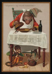 Dessin animé de singes et un pudding aux prunes, carte de vœux du Nouvel An