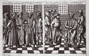 Certains évêques parlant avec M. Bradford en prison, et deux frères espagnols parlant avec M. Bradford, illustration des Actes et Monuments de John Foxe, neuvième édition, pub. 1684 - English School