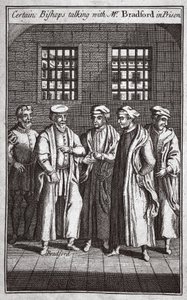 Certains évêques parlant avec M. Bradford en prison, illustration des Martyrs de Foxe vers 1703
