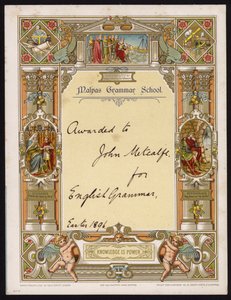 Certificat de grammaire anglaise décerné à un élève de Malpas Grammar School, Cheshire - English School