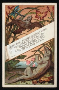 Caméléon avec vers et un oiseau, carte de vœux du Nouvel An (chromolithographie) - English School