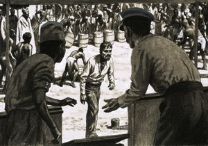 Charles Osborne et le capitaine Stott disposaient des fûts de rhum sur la plage - English School