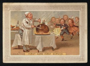 Chef découpant un pudding aux prunes, carte de vœux de Noël