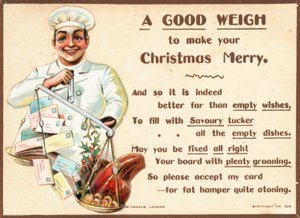 Chef pesant des lettres et de la nourriture sur une balance, carte de Noël - English School