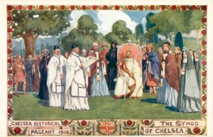 Pageant historique de Chelsea 1908, le synode de Chelsea (lithographie en couleur) - English School