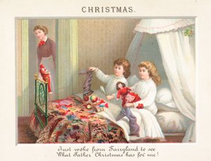 Enfants vidant leurs bas le matin de Noël, carte de Noël