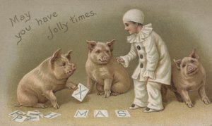 Enfant en costume de Pierrot avec trois cochons, carte de Noël - English School