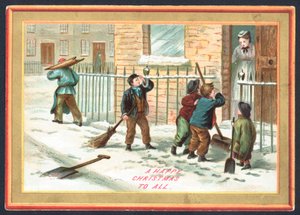 Enfants déblayant la neige et frappant aux portes, carte de Noël