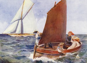 Enfants naviguant et regardant un yacht passer (lithographie en couleur) - English School