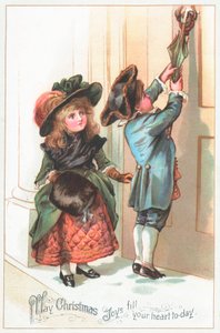 Enfants utilisant un parapluie pour frapper à la porte, Carte de Noël - English School