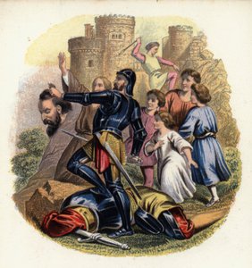 Christiana et les pèlerins regardent Greatheart tuer Giant Despair, une illustration de Le Voyage du pèlerin de John Bunyan - English School