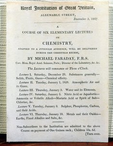 Affiche de Noël pour Six Conférences Élémentaires sur la Chimie par Michael Faraday (1778-1829) 3 décembre 1827 - English School