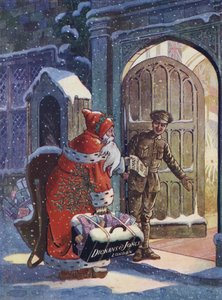 Publicité de Noël montrant le Père Noël apportant des cadeaux aux soldats de la Première Guerre mondiale du magasin Dickins et Jones - English School