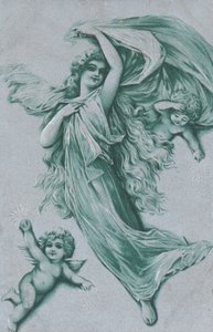 Carte de Noël avec un ange et deux chérubins - English School