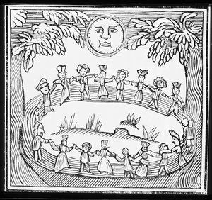 Cercle de sorcières dansant sous une pleine lune, illustration d