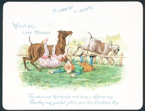 Clowns tombant de leurs chevaux en chassant, carte de Noël