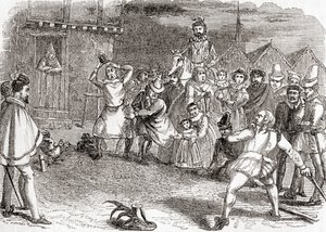 Lancer de coq, alias cock-shying ou lancer sur des coqs, tirée de Old England: A Pictorial Museum, pub. 1847 - English School