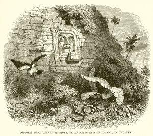Tête colossale sculptée dans la pierre, dans une ruine aztèque à Izamal, au Yucatán - English School