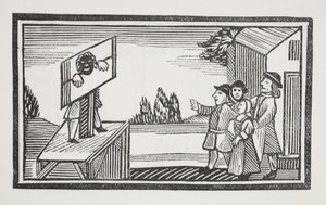 Condamné à rester une heure ou plus au pilori, illustration de Chap-books du XVIIIe siècle par John Ashton, pub. 1882