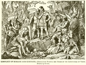 Conflit entre Romains et Allemands. Germanicus enterrant les os des légionnaires de Varus