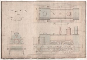 Dessin de construction, locomotive 0-4-2 et tender par R. et W. Hawthorn and Co. pour la Stanhope and Tyne Railway Co