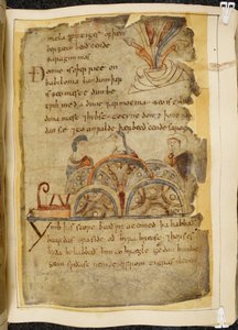 Une vigne dorée; trois personnes parlant, représentant une nation bienveillante qui gouverne la mer Rouge, où se trouvent les meilleures perles, illustration de Beowulf, tirée du 