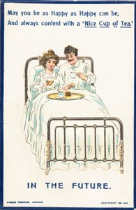 Couple buvant du thé au lit, carte - English School